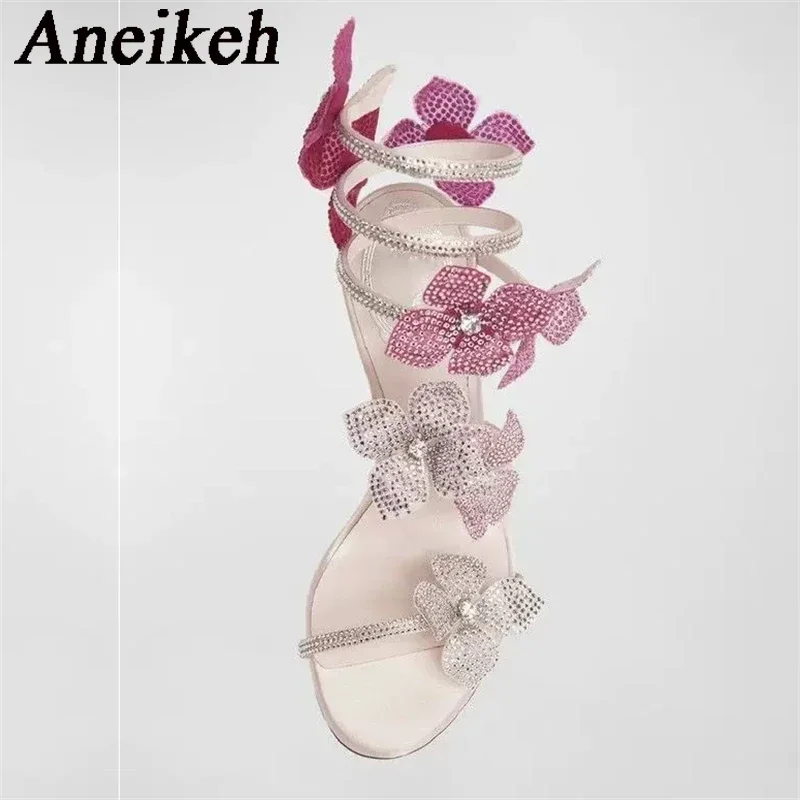 Sexy Crystal Flower Narrow Band Ankle Strap Sandals Woman Thin High Heels Street Style Pole Dancing Ladies Shoes