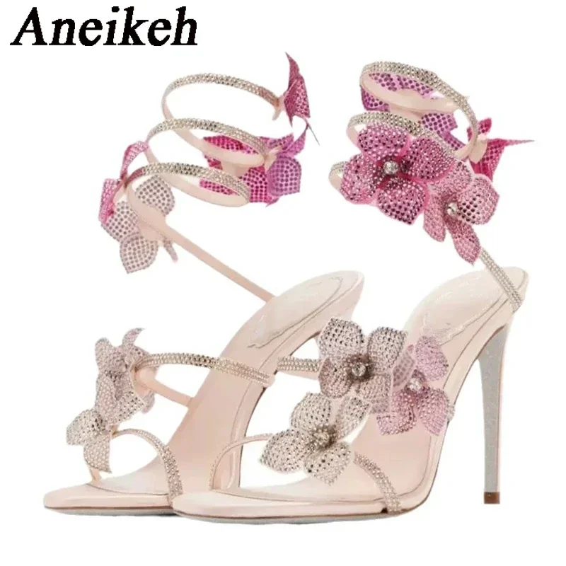 Sexy Crystal Flower Narrow Band Ankle Strap Sandals Woman Thin High Heels Street Style Pole Dancing Ladies Shoes