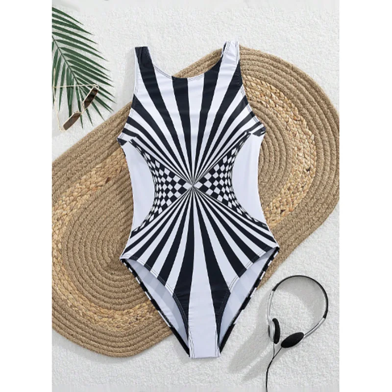 Sexy Strile One-piece Stylish Swimsuit for Women O Neck Quick Dry Detachable Pads Brazilian Swimming Suit Bikini Set
