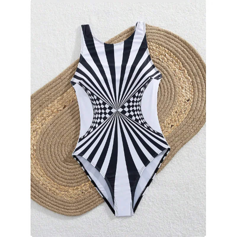 Sexy Strile One-piece Stylish Swimsuit for Women O Neck Quick Dry Detachable Pads Brazilian Swimming Suit Bikini Set