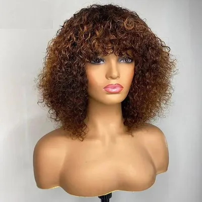 Short Pixie Bob Cut Human Hair Wigs With Bangs Jerry Curly Non lace front Wig Highlight Honey Blonde Colored Wigs For