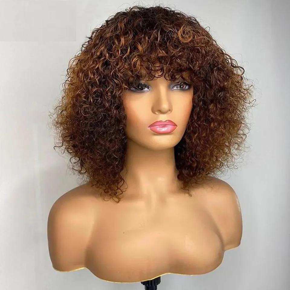 Short Pixie Bob Cut Human Hair Wigs With Bangs Jerry Curly Non lace front Wig Highlight Honey Blonde Colored Wigs For Short Pixie Bob Cut Human Hair Wigs With Bangs Jerry Curly Non lace front Wig Highlight Honey Blonde Colored Wigs For