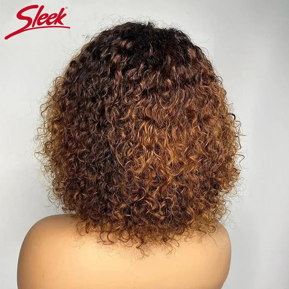 Short Pixie Bob Cut Human Hair Wigs With Bangs Jerry Curly Non lace front Wig Highlight Honey Blonde Colored Wigs For