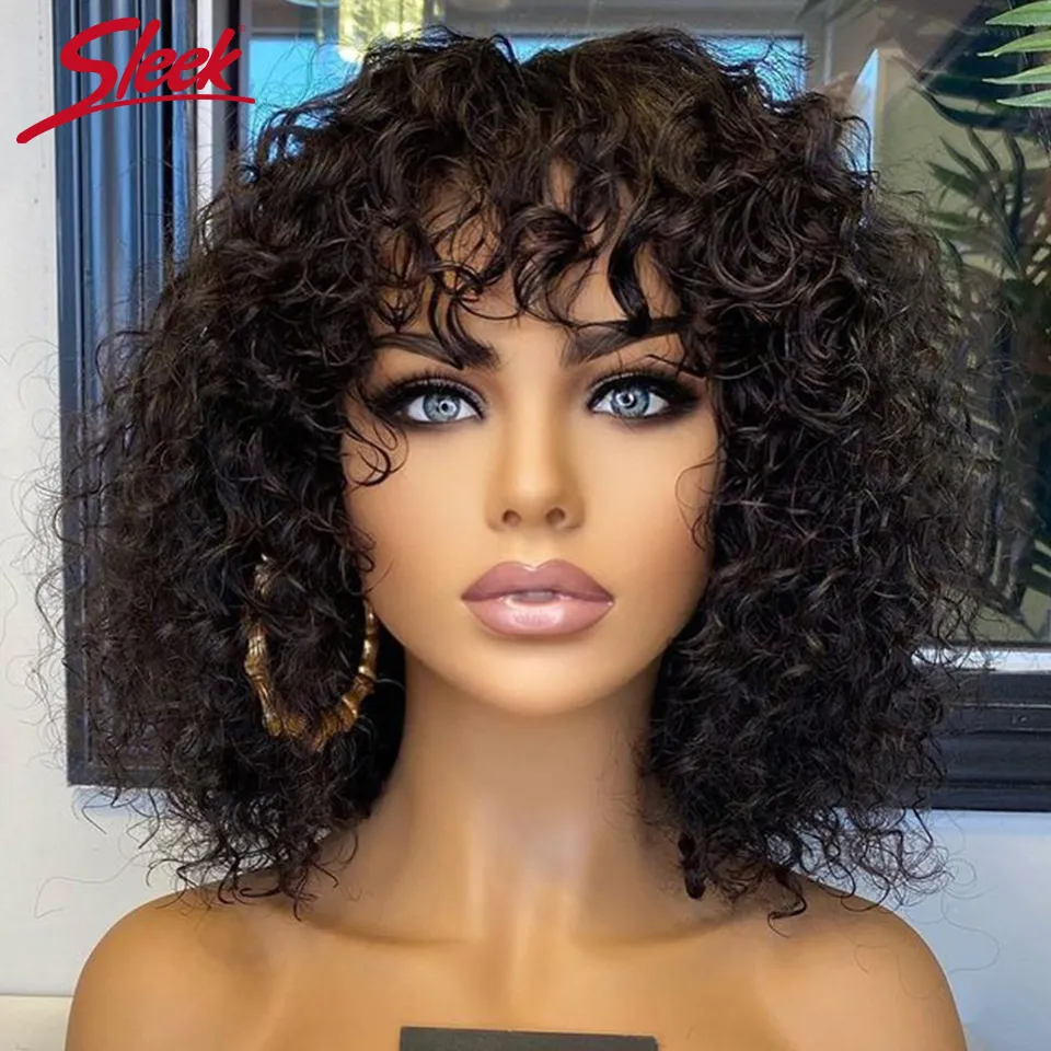 Short Pixie Bob Cut Human Hair Wigs With Bangs Jerry Curly Non lace front Wig Highlight Honey Blonde Colored Wigs For