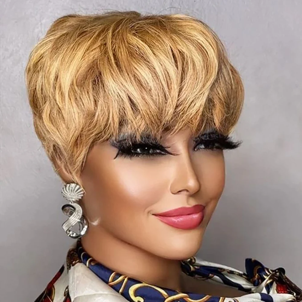 Short Pixie Cut Wig Human Hair For Black Women Machine Made Wigs With Bangs Colored Brazilian Wig Human Hair Wigs Short Pixie Cut Wig Human Hair For Black Women Machine Made Wigs With Bangs Colored Brazilian Wig Human Hair Wigs