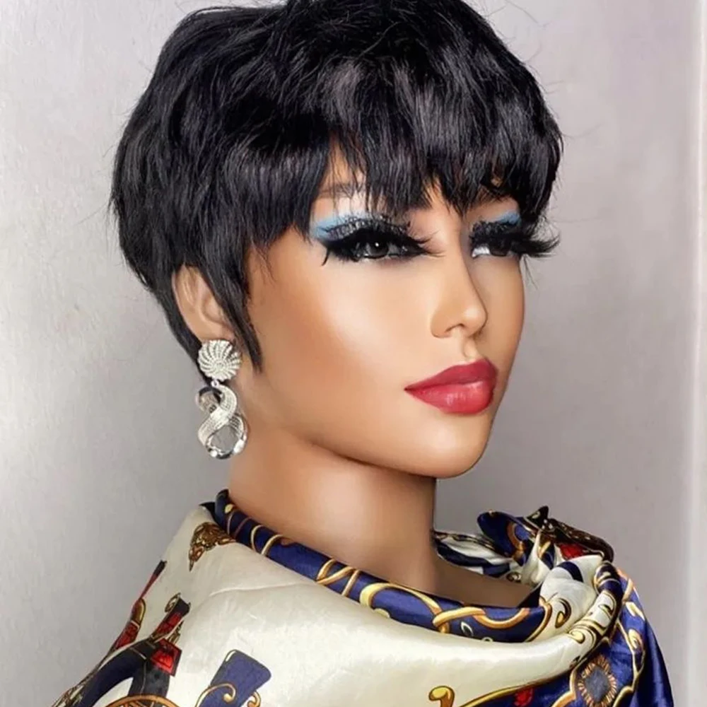 Short Pixie Cut Wig Human Hair For Black Women Machine Made Wigs With Bangs Colored Brazilian Wig Human Hair Wigs Short Pixie Cut Wig Human Hair For Black Women Machine Made Wigs With Bangs Colored Brazilian Wig Human Hair Wigs