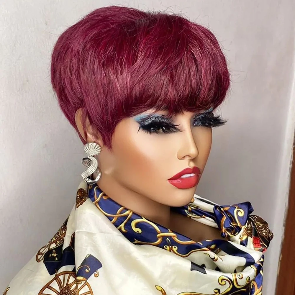 Short Pixie Cut Wig Human Hair For Black Women Machine Made Wigs With Bangs Colored Brazilian Wig Human Hair Wigs Short Pixie Cut Wig Human Hair For Black Women Machine Made Wigs With Bangs Colored Brazilian Wig Human Hair Wigs