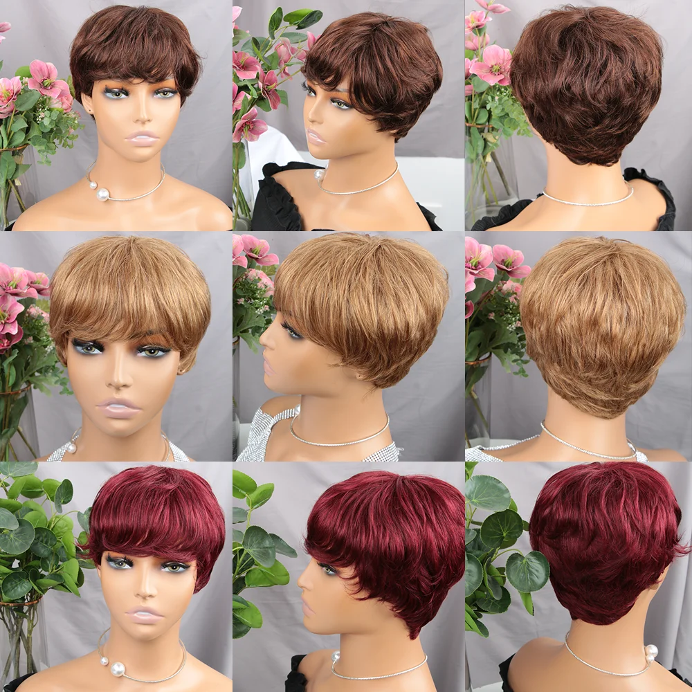 Short Pixie Cut Wig Human Hair For Black Women Machine Made Wigs With Bangs Colored Brazilian Wig Human Hair Wigs Short Pixie Cut Wig Human Hair For Black Women Machine Made Wigs With Bangs Colored Brazilian Wig Human Hair Wigs