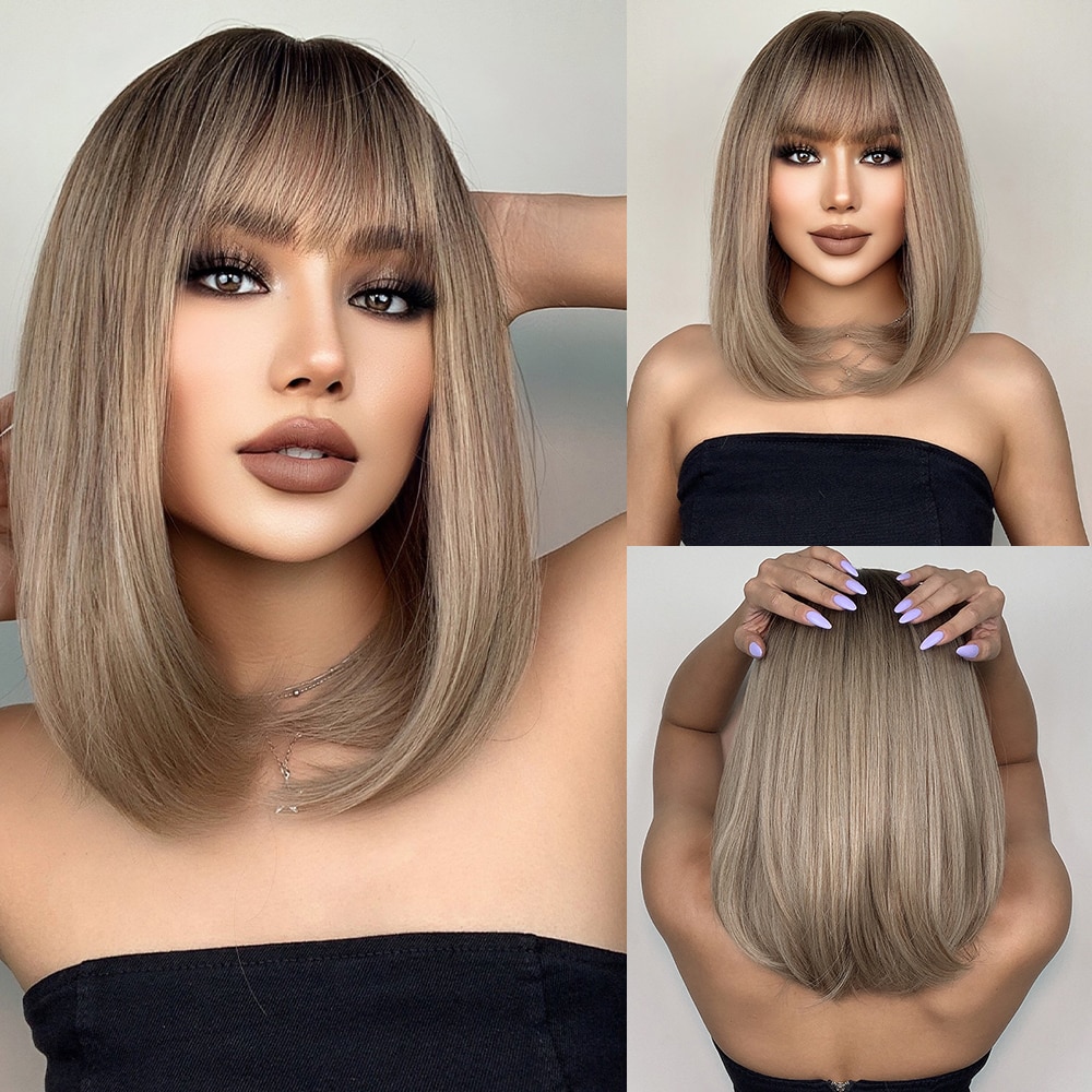 Short Straight Bob Wigs with Bangs Golden Brown Natural Synthetic Hair for Women Daily Cosplay Heat Resistant Fiber Short Straight Bob Wigs with Bangs Golden Brown Natural Synthetic Hair for Women Daily Cosplay Heat Resistant Fiber