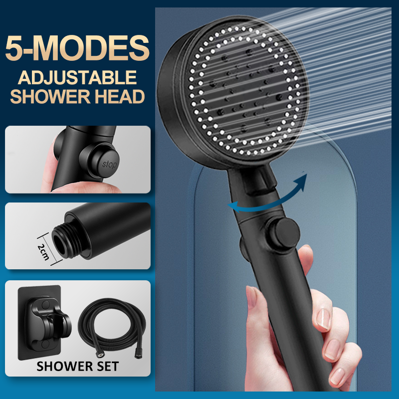 Shower Head Water Saving 5 Mode Adjustable High Pressure Shower One Key Stop Water Massage Eco Shower Bathroom