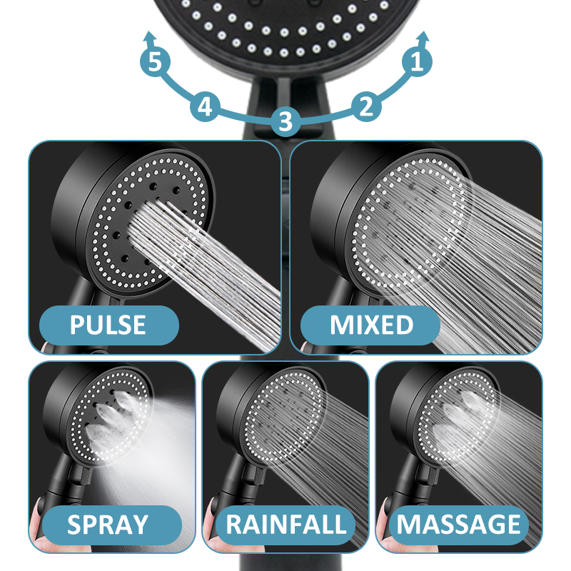 Shower Head Water Saving 5 Mode Adjustable High Pressure Shower One Key Stop Water Massage Eco Shower Bathroom