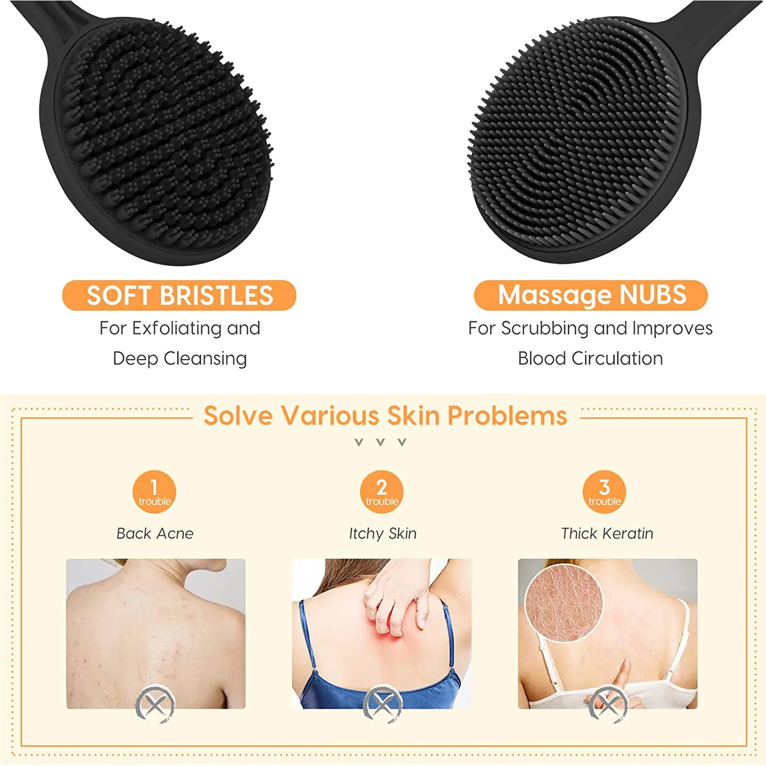 Silicone Back Scrubber for Shower, Bath Body Brush with Long Handle,Double Sided Shower Brush for Shower Exfoliating Silicone Back Scrubber for Shower, Bath Body Brush with Long Handle,Double Sided Shower Brush for Shower Exfoliating