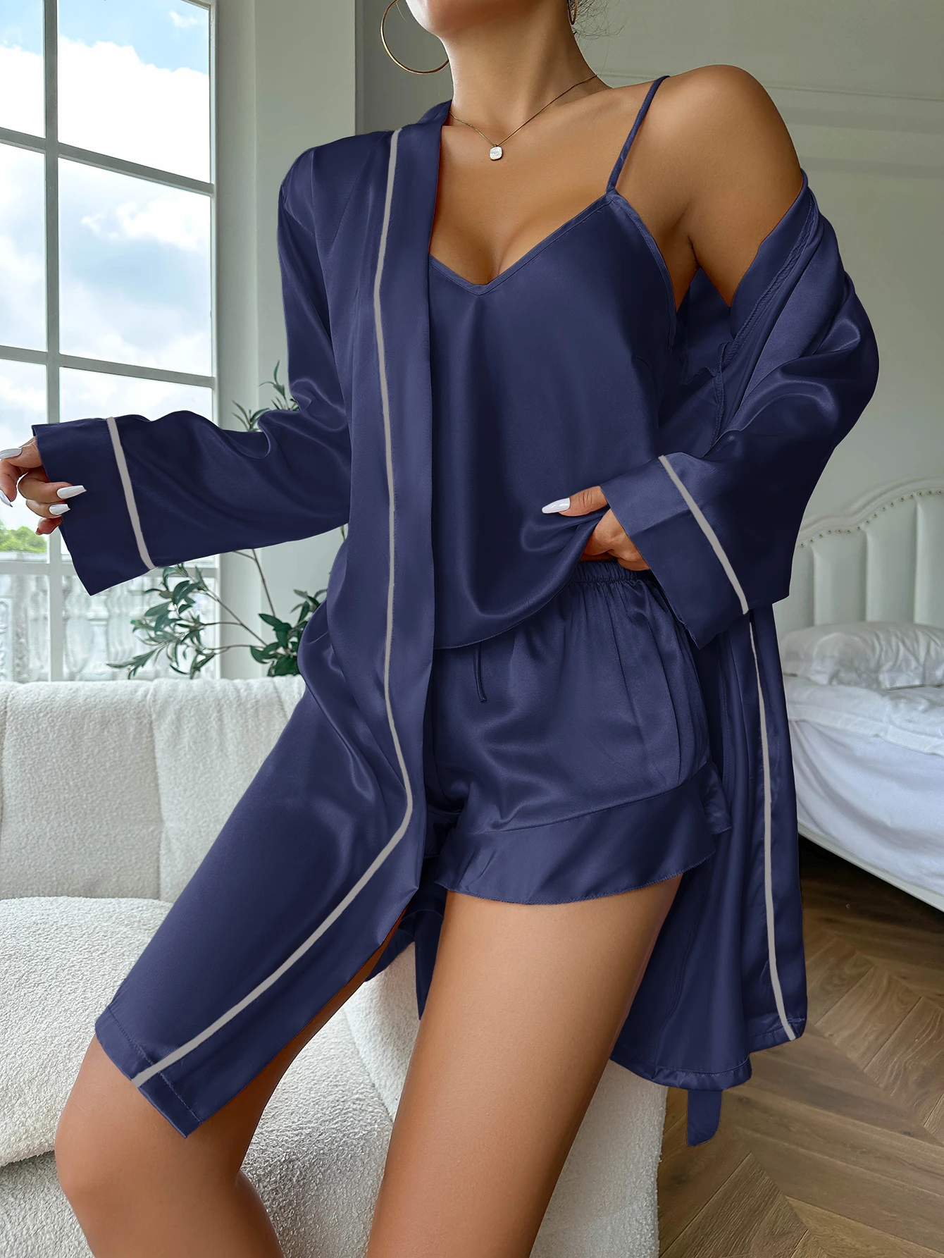 Simple Satin Pajama Set Long Sleeve Belted Robe V Neck Cami Top And Shorts Women's Sleepwear Simple Satin Pajama Set Long Sleeve Belted Robe V Neck Cami Top And Shorts Women's Sleepwear