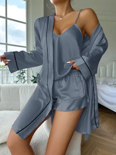 Simple Satin Pajama Set Long Sleeve Belted Robe V Neck Cami Top And Shorts Women's Sleepwear Simple Satin Pajama Set Long Sleeve Belted Robe V Neck Cami Top And Shorts Women's Sleepwear