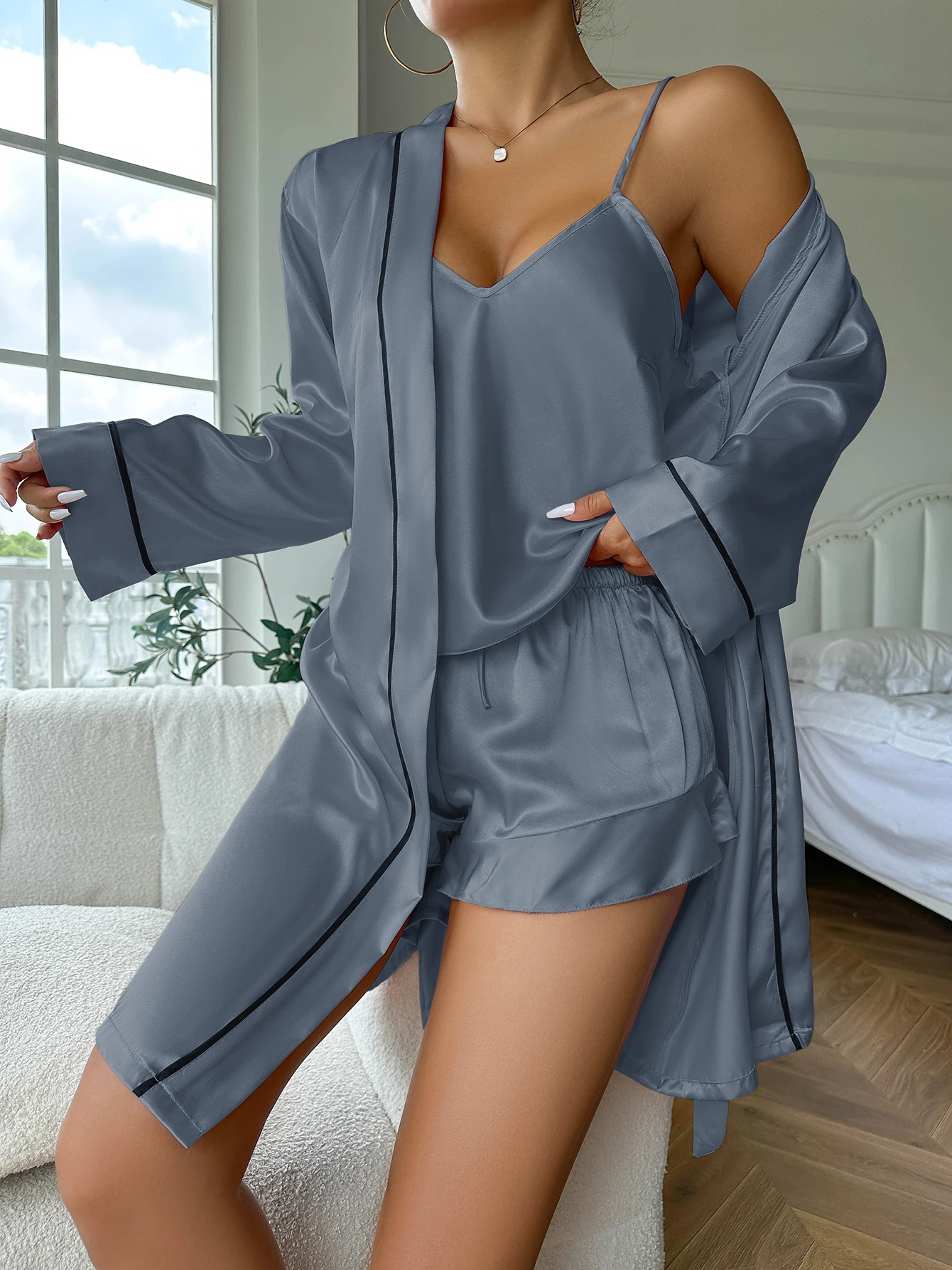 Simple Satin Pajama Set Long Sleeve Belted Robe V Neck Cami Top And Shorts Women's Sleepwear Simple Satin Pajama Set Long Sleeve Belted Robe V Neck Cami Top And Shorts Women's Sleepwear