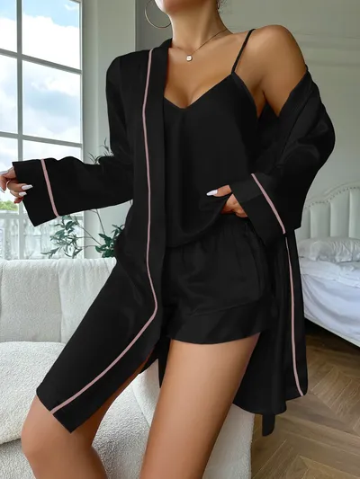 Simple Satin Pajama Set Long Sleeve Belted Robe V Neck Cami Top And Shorts Women's Sleepwear Simple Satin Pajama Set Long Sleeve Belted Robe V Neck Cami Top And Shorts Women's Sleepwear