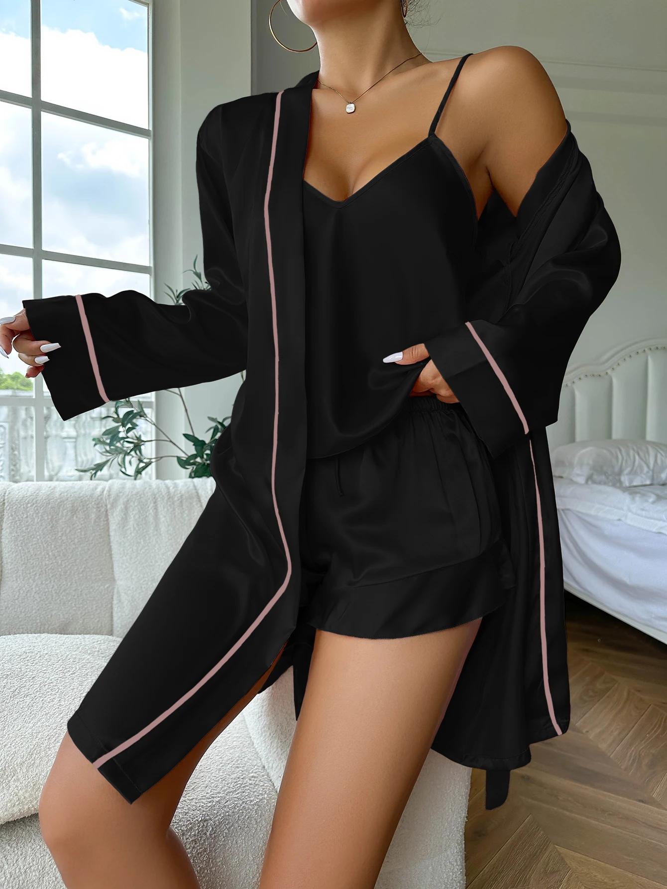 Simple Satin Pajama Set Long Sleeve Belted Robe V Neck Cami Top And Shorts Women's Sleepwear Simple Satin Pajama Set Long Sleeve Belted Robe V Neck Cami Top And Shorts Women's Sleepwear