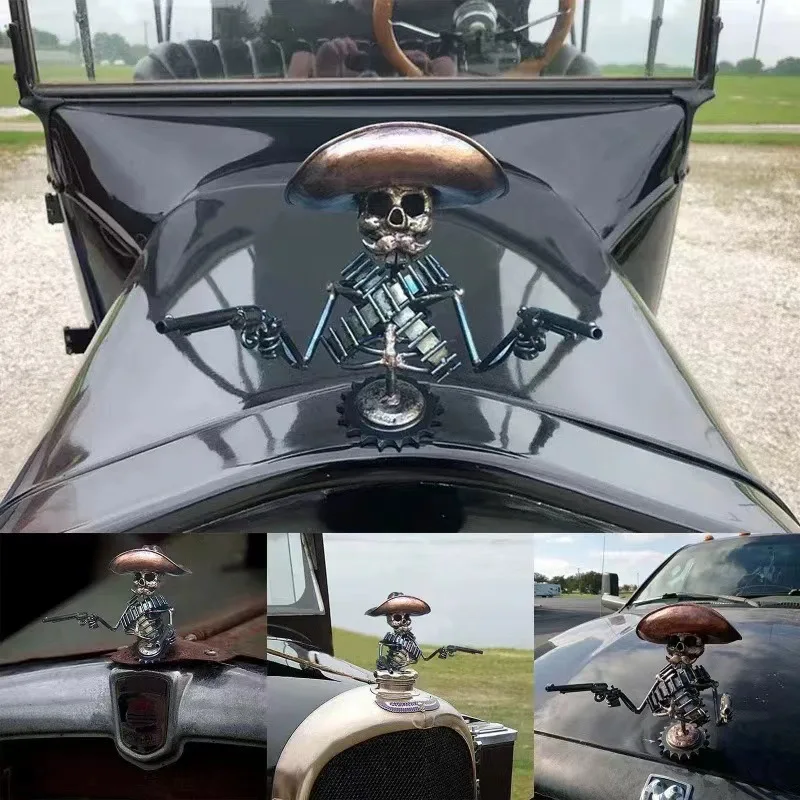 Skeleton Automotive Emblems Cowboy Skull Gunslinger Hood Ornament Resin Sculpture Vintage Vehicle Exterior Accessories