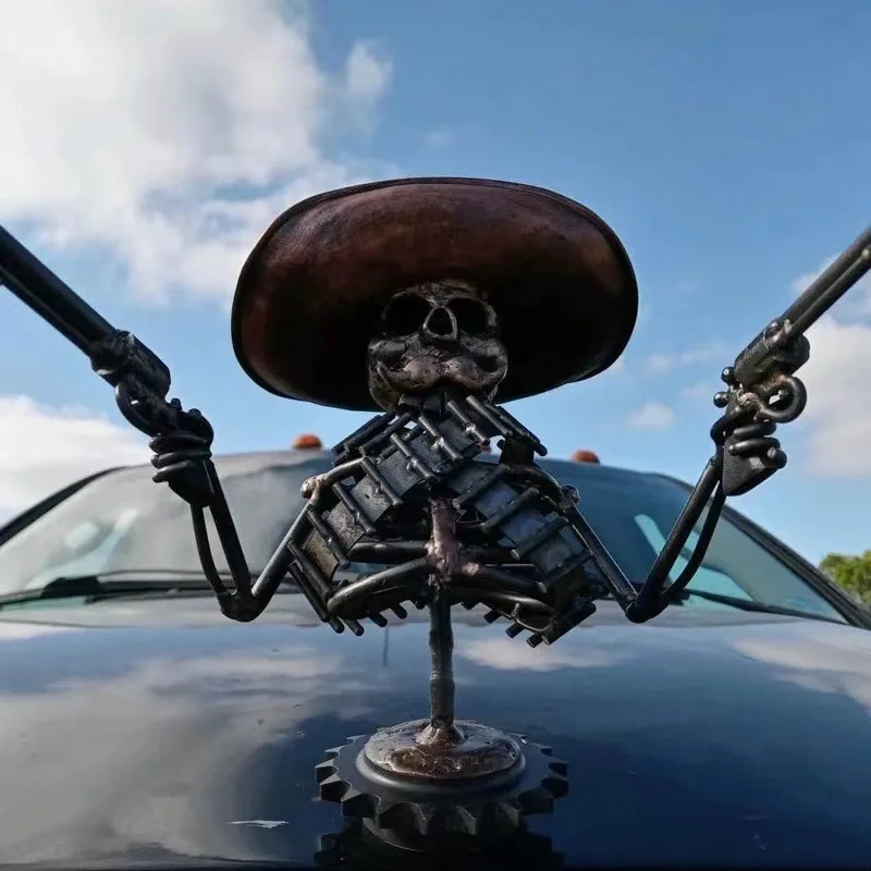 Skeleton Automotive Emblems Cowboy Skull Gunslinger Hood Ornament Resin Sculpture Vintage Vehicle Exterior Accessories