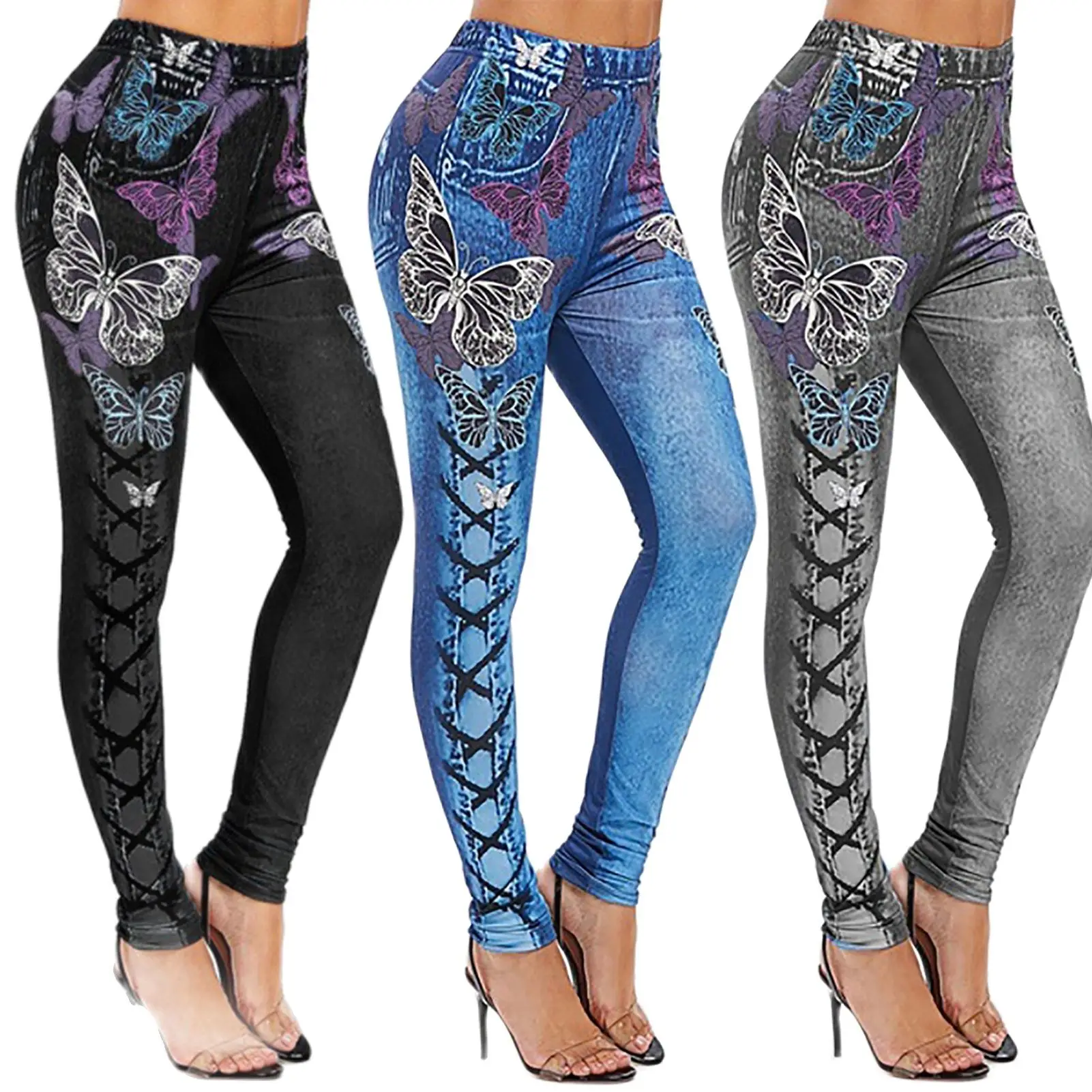 Skinny High Waist Women Pants Butterfly Print Lace-up Elastic Jogging Sports Trousers Hip Lift Jeans Women Pencil Pants Skinny High Waist Women Pants Butterfly Print Lace-up Elastic Jogging Sports Trousers Hip Lift Jeans Women Pencil Pants