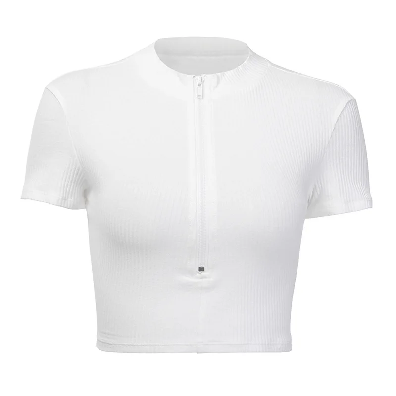 Slim Fit Zipper T-shirt Women Female Bustier Corset Tops High Neck Women Croped Tops Tee Solid Shirt White