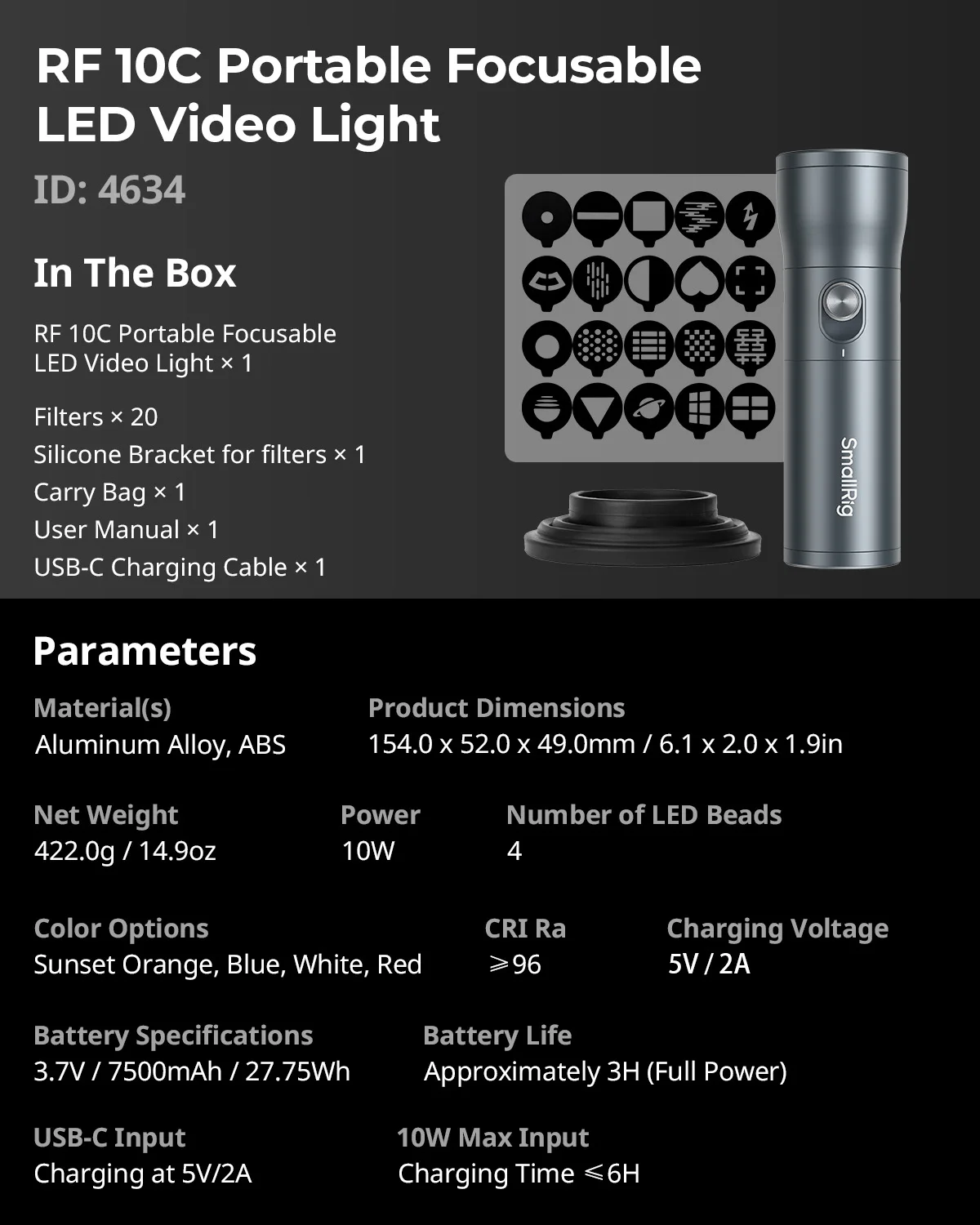 SmallRig RF 10C Portable Focusable LED Video Light with Over 20 Light Filters & Four-color LED Beads Adjustable SmallRig RF 10C Portable Focusable LED Video Light with Over 20 Light Filters & Four-color LED Beads Adjustable