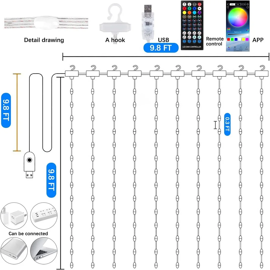 Smart LED Curtain Lights, 3mx3m 300Leds USB String Lights with Bluetooth App Timer ,Music Sync Christmas Curtain String Smart LED Curtain Lights, 3mx3m 300Leds USB String Lights with Bluetooth App Timer ,Music Sync Christmas Curtain String