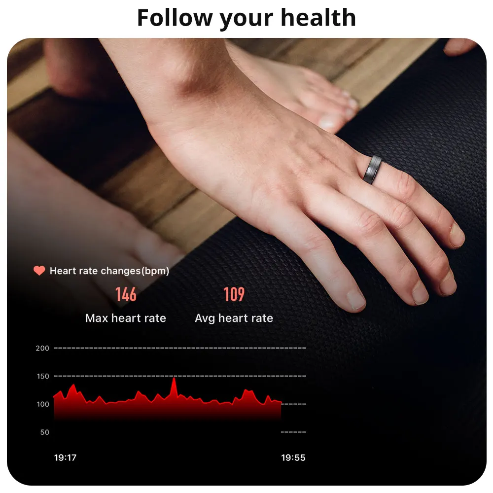 Smart Ring Heart Rate and Blood Oxygen Monitor IP68 and 5ATM Waterproof Multi-Sport Mode