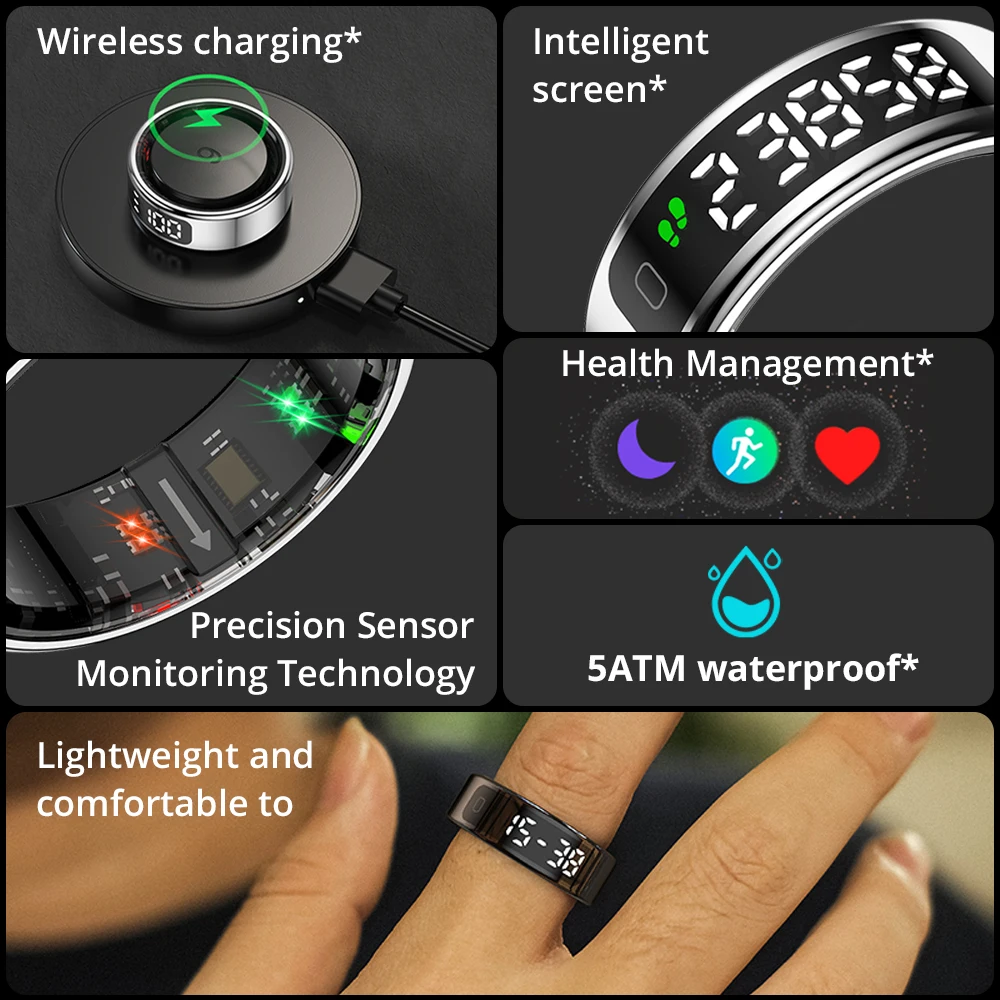 Smart Ring with Display Screen and Touch, Wireless Charging, Health Manager, 5 ATM Waterproof For Men Women Smart Ring with Display Screen and Touch, Wireless Charging, Health Manager, 5 ATM Waterproof For Men Women