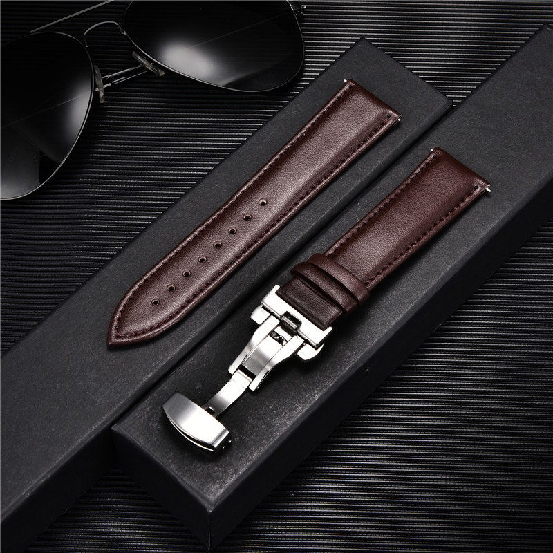 Smooth Genuine Calfskin Leather Watchband 18mm 20mm 22mm 24mm Straps with Solid Automatic Butterfly Buckle Business