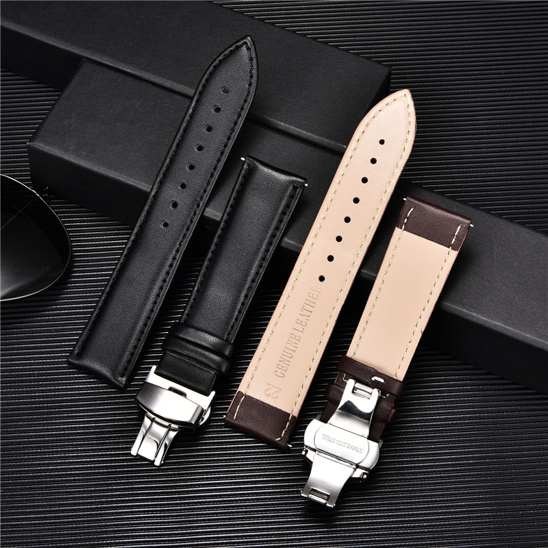 Smooth Genuine Calfskin Leather Watchband 18mm 20mm 22mm 24mm Straps with Solid Automatic Butterfly Buckle Business