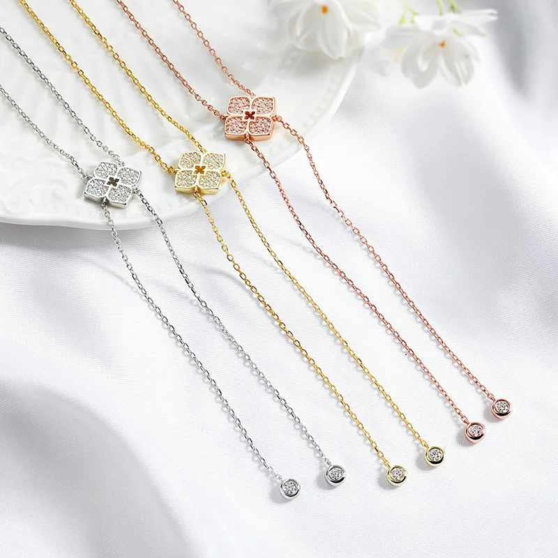 Smyoue Full Moissanite Necklaces Sparkling Flowers Long Chain Wedding Girls Gift Lab Diamond Pendant 925 Sterling