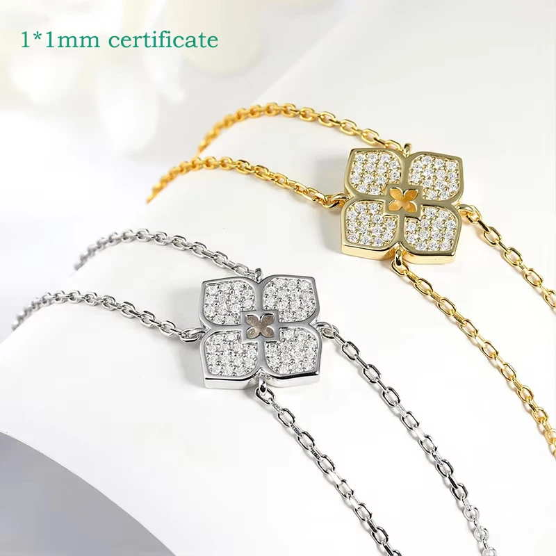 Smyoue Full Moissanite Necklaces Sparkling Flowers Long Chain Wedding Girls Gift Lab Diamond Pendant 925 Sterling