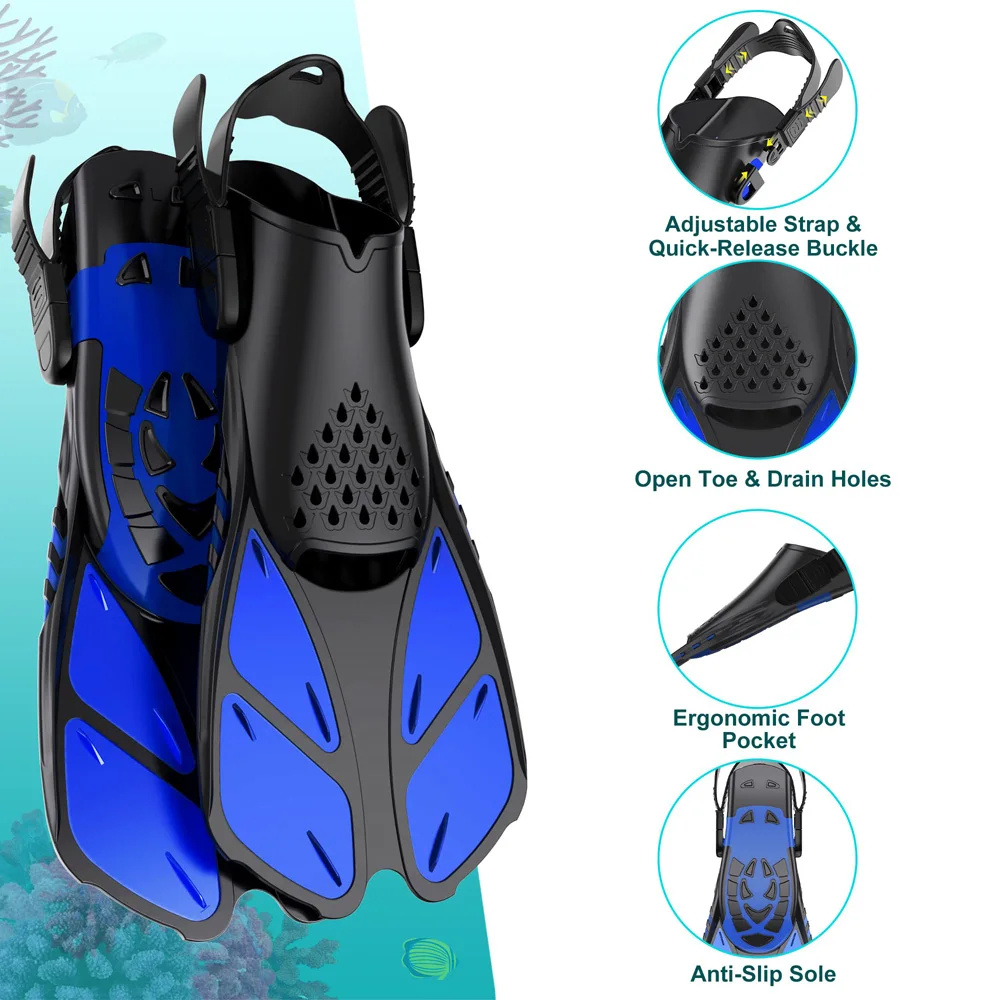 Snorkel Fins Adjustable Buckles Swimming Flippers Short Silicone Scuba Diving Shoes Open Heel Travel Size Adult Men Snorkel Fins Adjustable Buckles Swimming Flippers Short Silicone Scuba Diving Shoes Open Heel Travel Size Adult Men