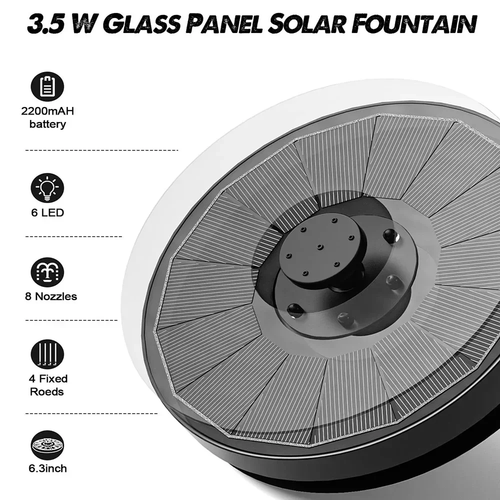 Solar Fountain Pump for Bird Bath with Lights,3.5W Solar Water Fountain with 2200 mAh Battery,6 Nozzles for Solar Fountain Pump for Bird Bath with Lights,3.5W Solar Water Fountain with 2200 mAh Battery,6 Nozzles for