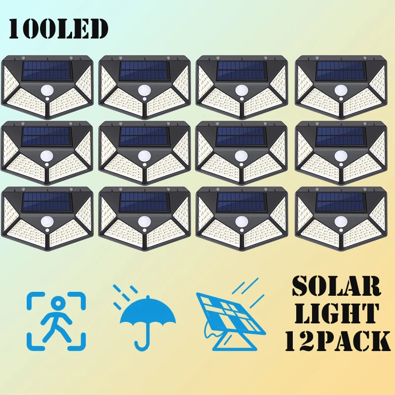 Solar Lights Outdoor 100LED Wall Lamp Motion Sensor Security Lights 270° Lighting Angle Bright for Backyard Garden Patio