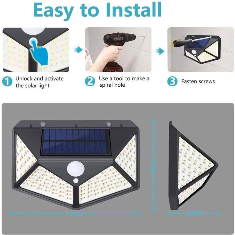 Solar Lights Outdoor 100LED Wall Lamp Motion Sensor Security Lights 270° Lighting Angle Bright for Backyard Garden Patio
