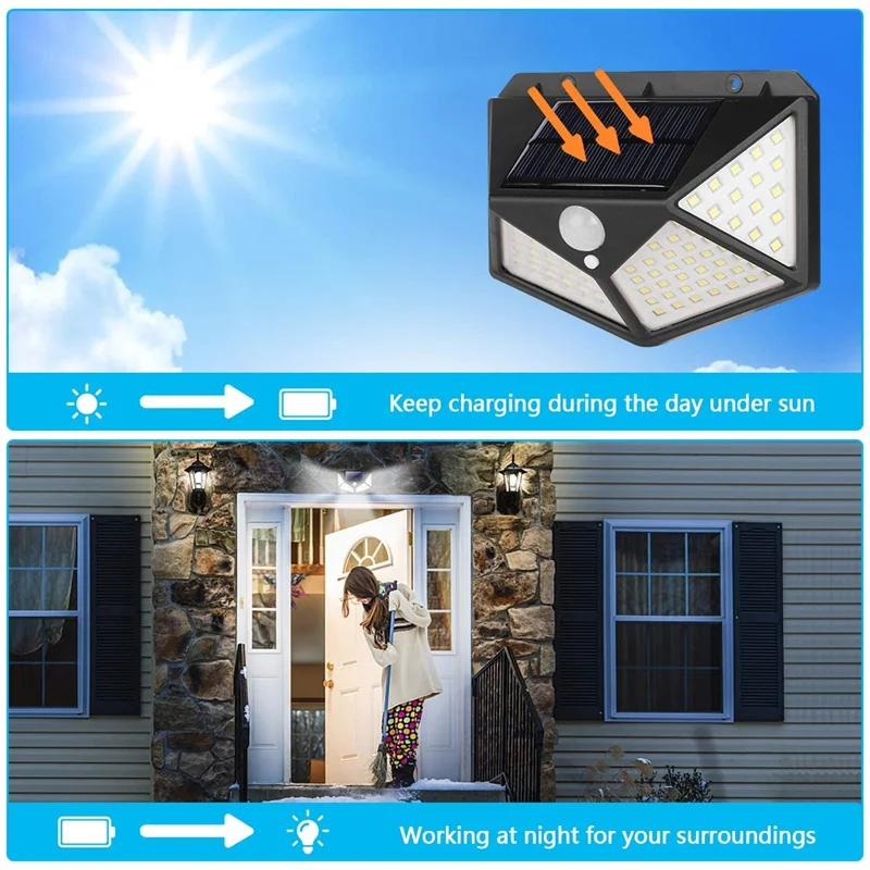 Solar Lights Outdoor 100LED Wall Lamp Motion Sensor Security Lights 270° Lighting Angle Bright for Backyard Garden Patio