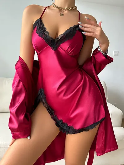 Solid Satin Pajama Set Long Sleeve Robe With Belt Contrast Lace V Neck Slip Dress Women's Sleepwear