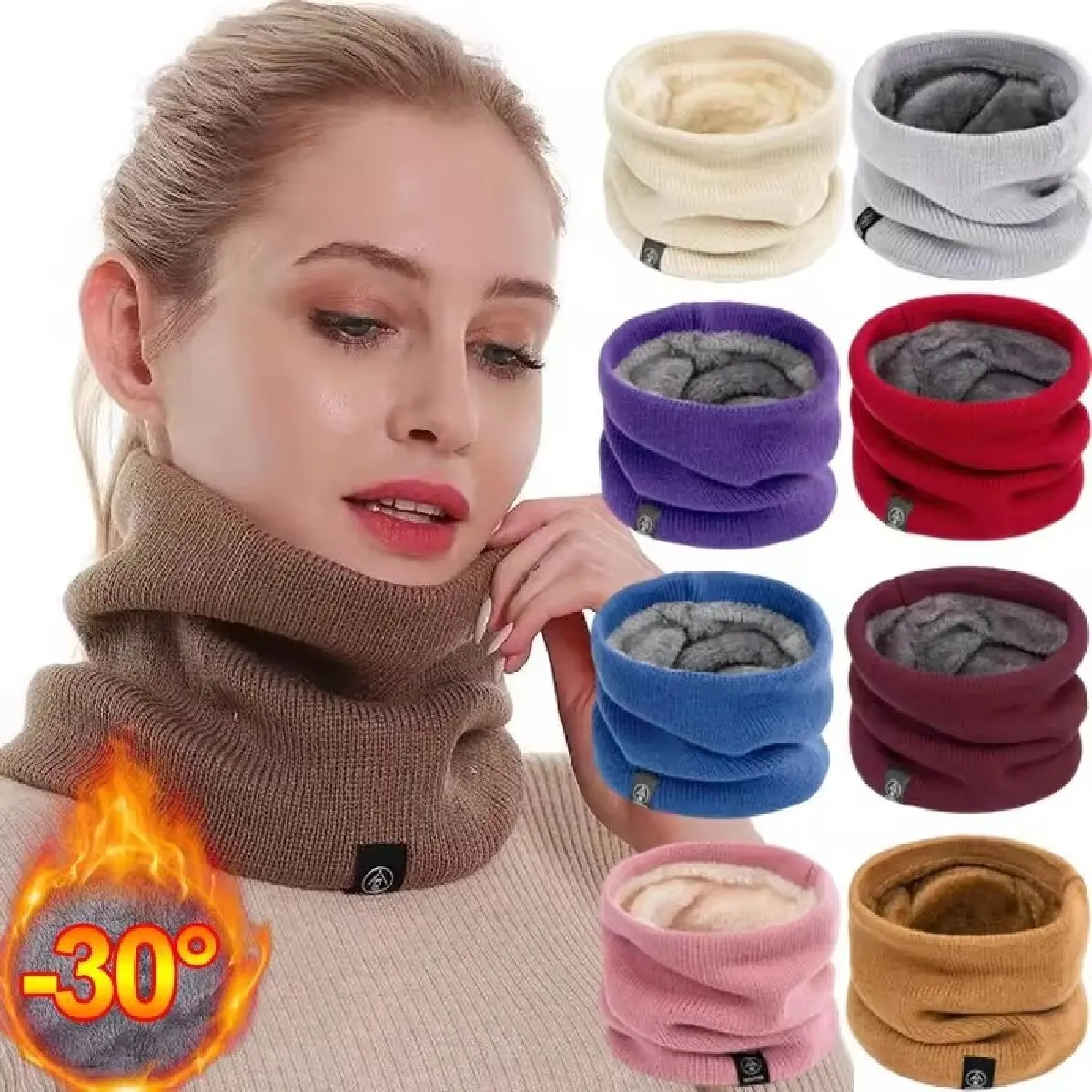 Solid Winter Plush Muffler Woolen Knitting for Women Fleece Ring Bandana Scarf Neck Warmer Buff Thick Cashmere Headband