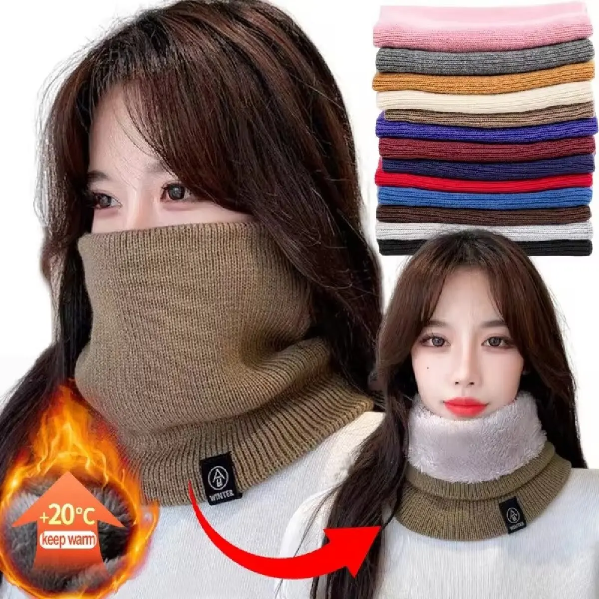 Solid Winter Plush Muffler Woolen Knitting for Women Fleece Ring Bandana Scarf Neck Warmer Buff Thick Cashmere Headband