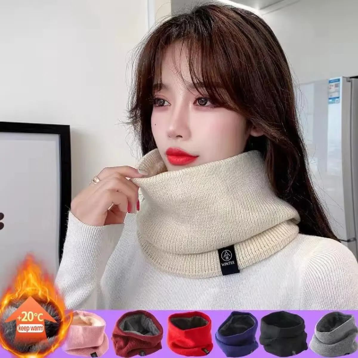 Solid Winter Plush Muffler Woolen Knitting for Women Fleece Ring Bandana Scarf Neck Warmer Buff Thick Cashmere Headband