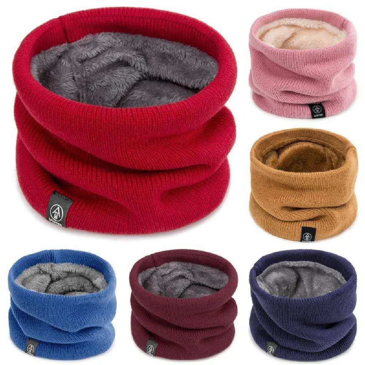 Solid Winter Plush Muffler Woolen Knitting for Women Fleece Ring Bandana Scarf Neck Warmer Buff Thick Cashmere Headband