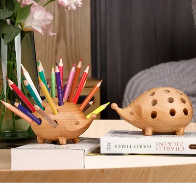 Solid Wood Hedgehog Pen Holder with Colorful Pencils Solid Wood Hedgehog Pen Holder with Colorful Pencils