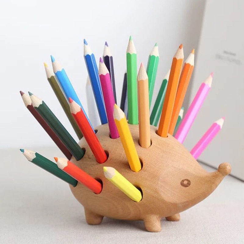 Solid Wood Hedgehog Pen Holder with Colorful Pencils Solid Wood Hedgehog Pen Holder with Colorful Pencils