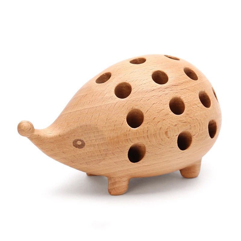 Solid Wood Hedgehog Pen Holder with Colorful Pencils Solid Wood Hedgehog Pen Holder with Colorful Pencils