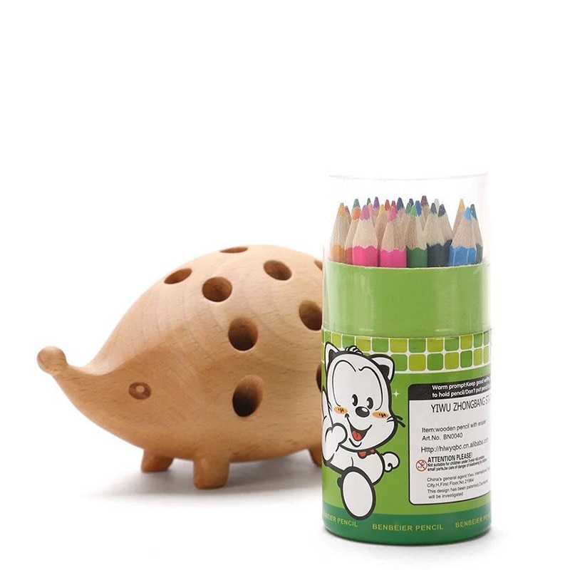 Solid Wood Hedgehog Pen Holder with Colorful Pencils Solid Wood Hedgehog Pen Holder with Colorful Pencils