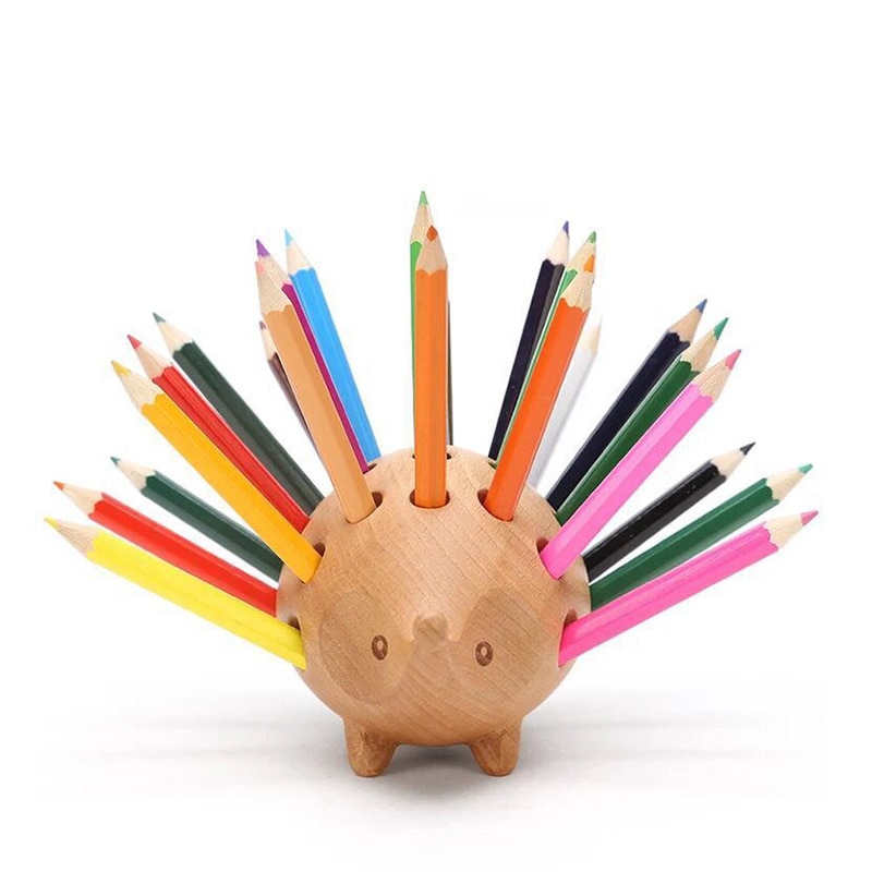 Solid Wood Hedgehog Pen Holder with Colorful Pencils Solid Wood Hedgehog Pen Holder with Colorful Pencils