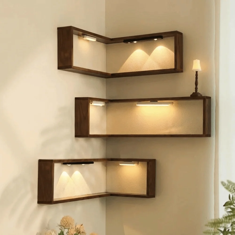 Space Saving 90 Degree Corner Wall Shelf Floating Shelf Suspended Corner Bookshelf Wall Mounted Wooden Display Shelf