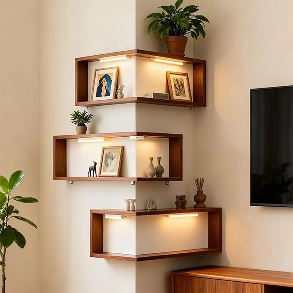 Space Saving 90 Degree Corner Wall Shelf Floating Shelf Suspended Corner Bookshelf Wall Mounted Wooden Display Shelf